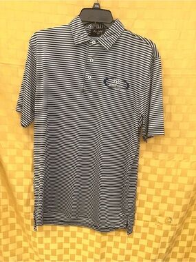 Men's Navy & White Striped Polo Shirt with Subtle Logo